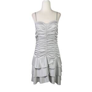 Vintage 90s silver grey satin ruched frilly mini party dress S